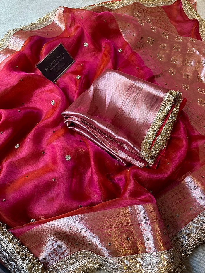 PLAIN FLORAL BUTI SAREE - DHOOP CHAAV - PINK AND ORANGE