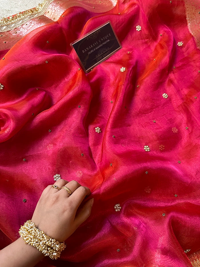 PLAIN FLORAL BUTI SAREE - DHOOP CHAAV - PINK AND ORANGE