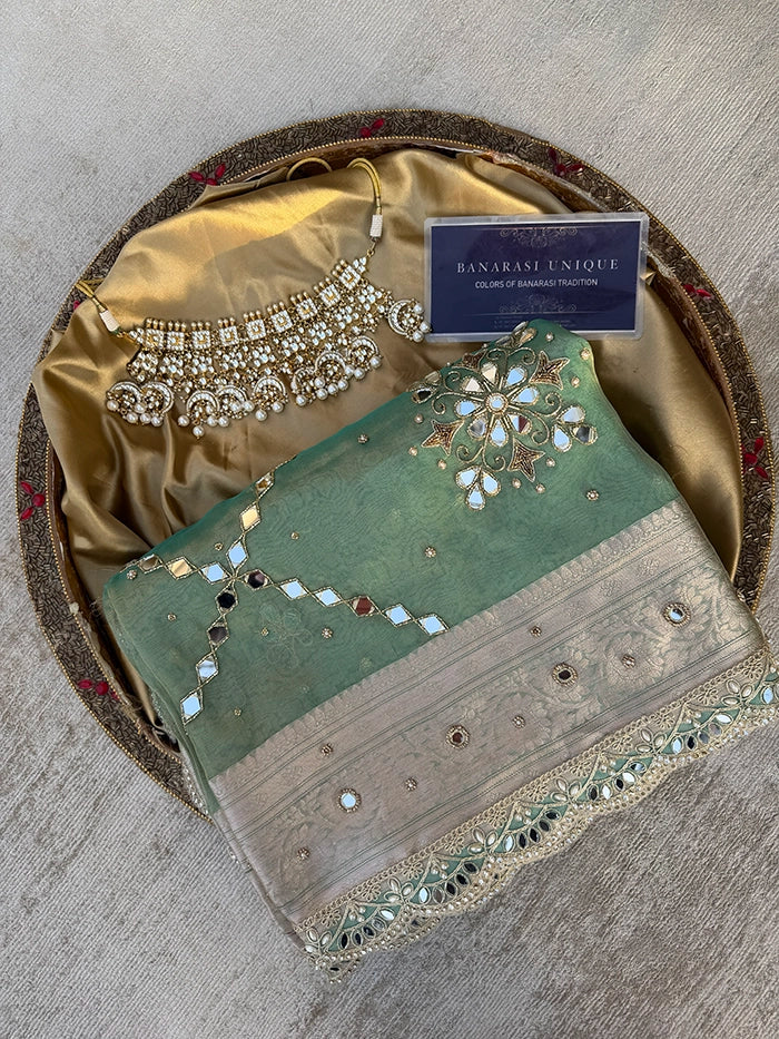 PURE TISSUE SILK MIRROR FLORAL BUTA AND JAAL SAREE - SEA GREEN