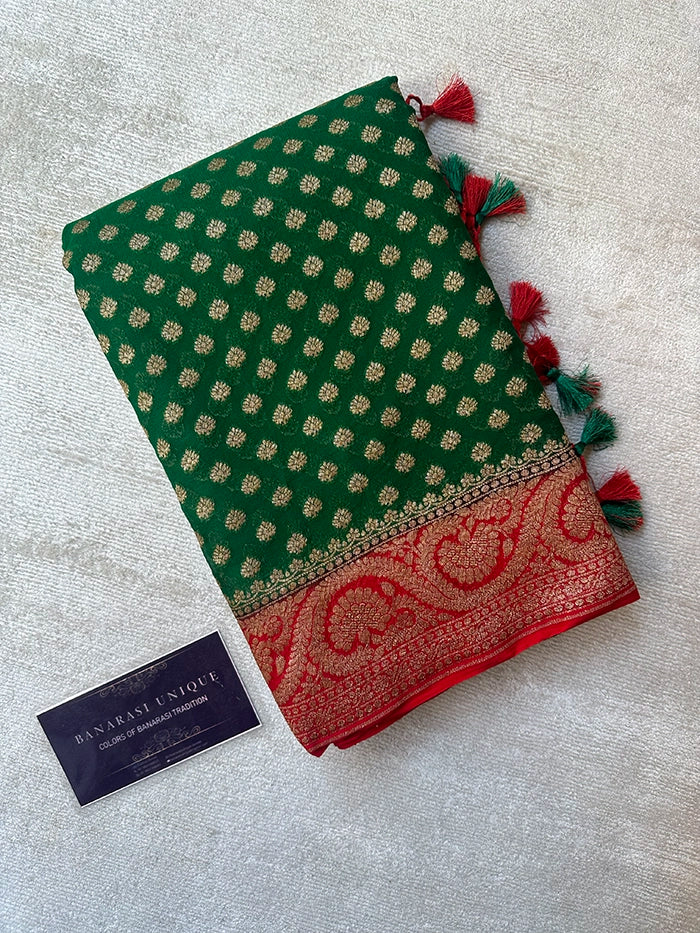 KHADDI GEORGETTE DOLLAR BUTI ANTIQUE ZARI SAREE - BOTTLE GREEN WITH RED
