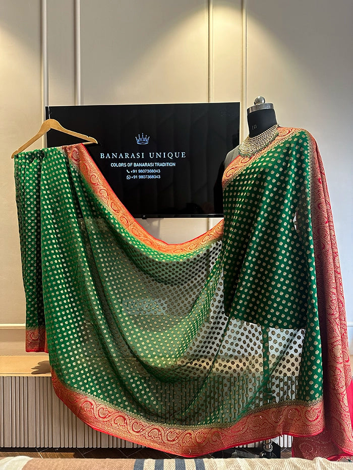 KHADDI GEORGETTE DOLLAR BUTI ANTIQUE ZARI SAREE - BOTTLE GREEN WITH RED
