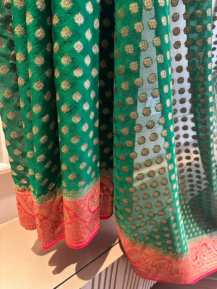 KHADDI GEORGETTE DOLLAR BUTI ANTIQUE ZARI SAREE - BOTTLE GREEN WITH RED