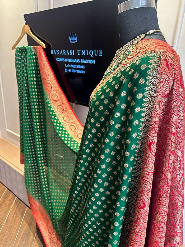 KHADDI GEORGETTE DOLLAR BUTI ANTIQUE ZARI SAREE - BOTTLE GREEN WITH RED