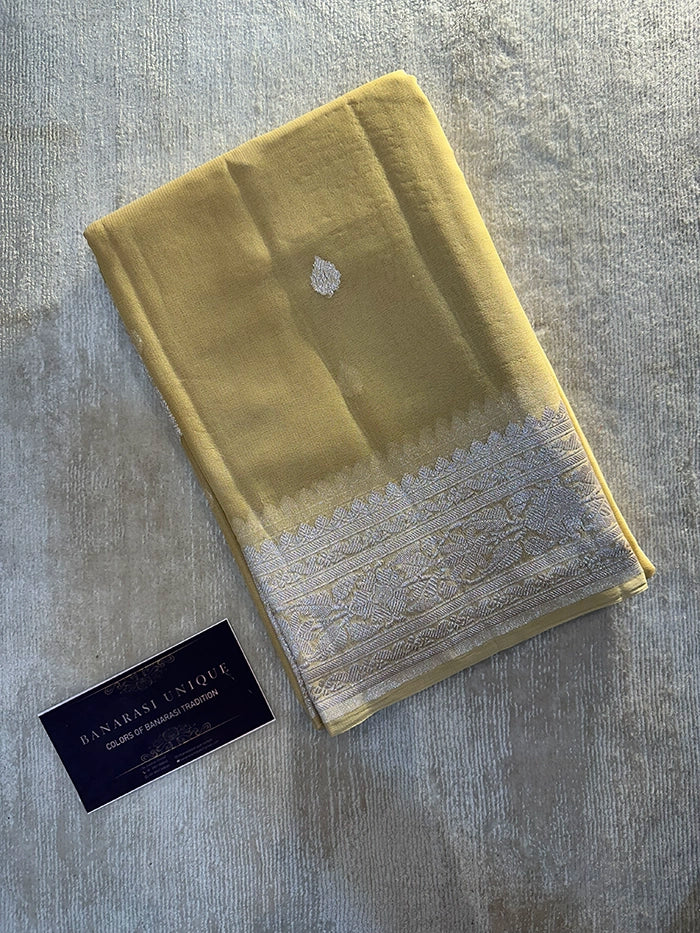 KHADDI CHIFFON SILVER ZARI KADHUWA SAREE - TUSSAR SHADE