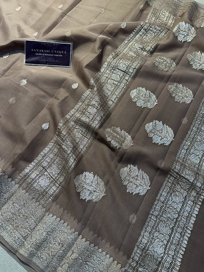 KHADDI CHIFFON SILVER ZARI KADHUWA SAREE - SOFT BROWN