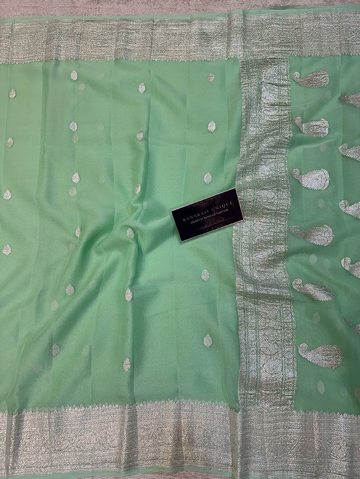 KHADDI CHIFFON SILVER ZARI KADHUWA SAREE - POWDER SEA GREEN