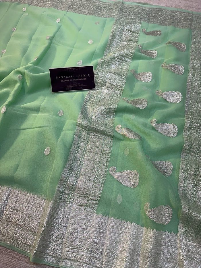 KHADDI CHIFFON SILVER ZARI KADHUWA SAREE - POWDER SEA GREEN