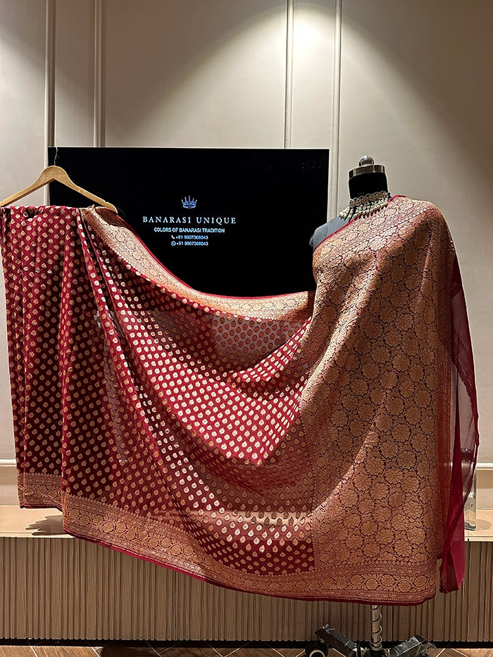 KHADDI GEORGETTE DOLLAR BUTI GOLD ZARI SAREE - MAROON