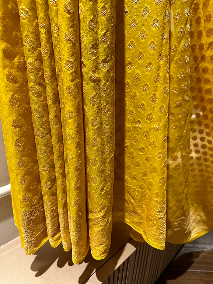 KHADDI GEORGETTE DOLLAR BUTI GOLD ZARI SAREE - YELLOW