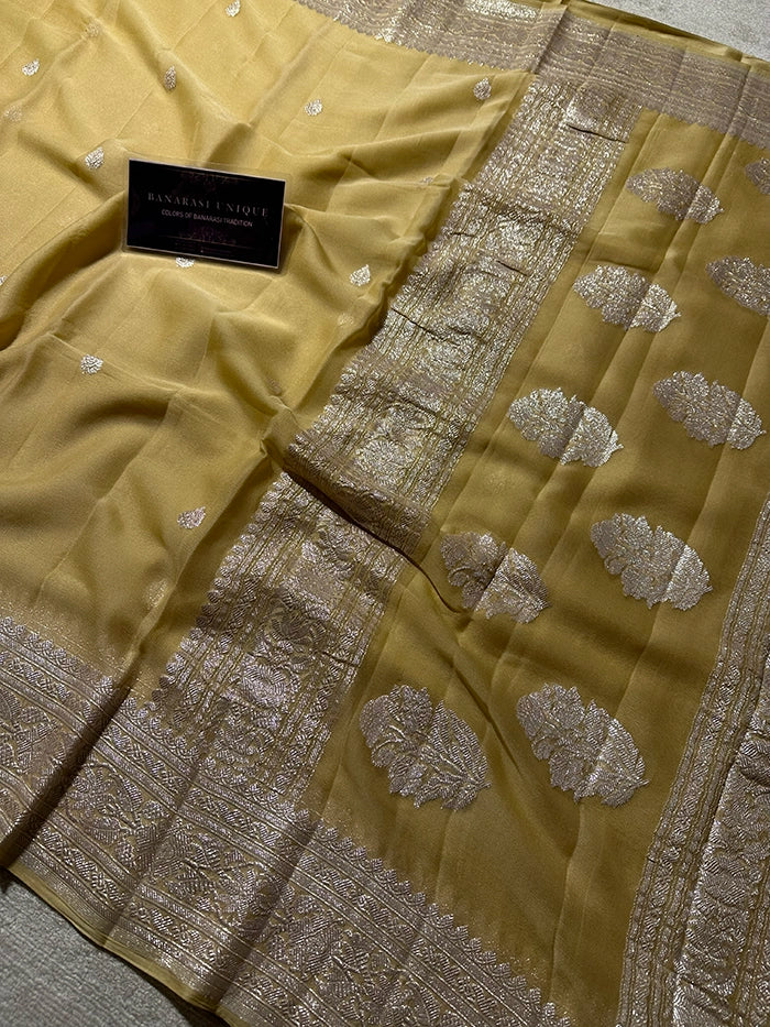 KHADDI CHIFFON SILVER ZARI KADHUWA SAREE - TUSSAR SHADE