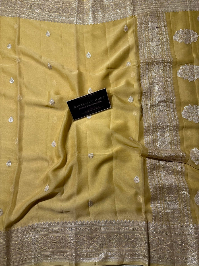 KHADDI CHIFFON SILVER ZARI KADHUWA SAREE - TUSSAR SHADE