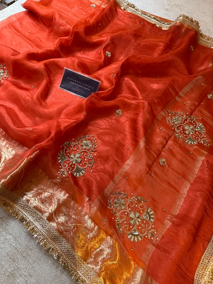 PURE TISSUE SILK VINE BUTA SAREE - ORANGE