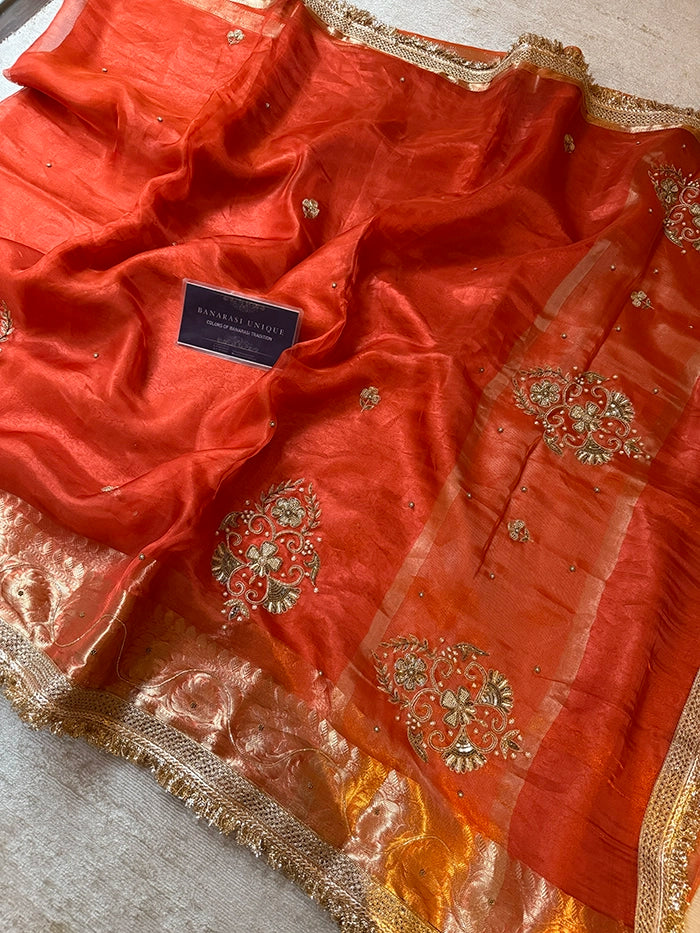PURE TISSUE SILK VINE BUTA SAREE - ORANGE