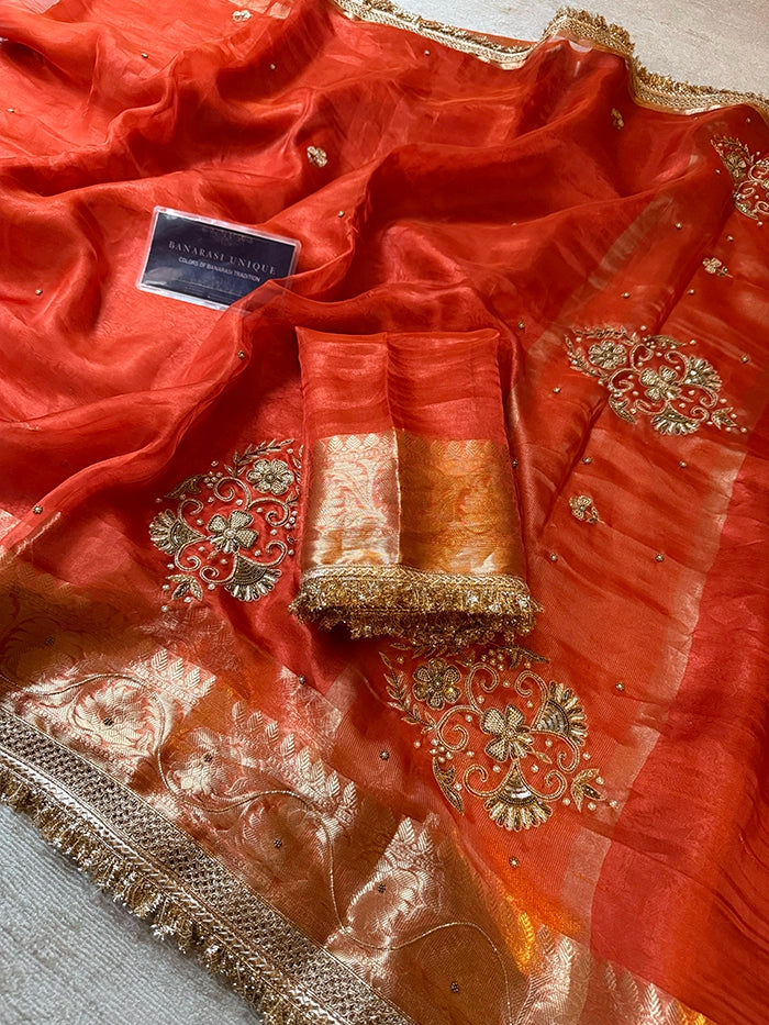 PURE TISSUE SILK VINE BUTA SAREE - ORANGE