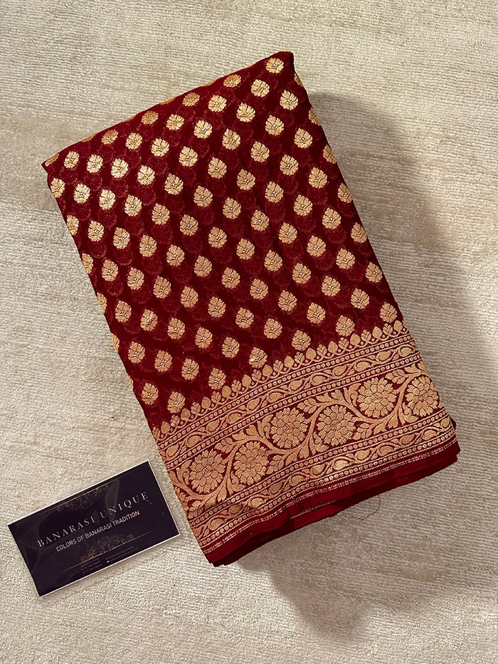 KHADDI GEORGETTE DOLLAR BUTI GOLD ZARI SAREE - MAROON